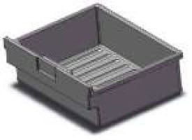 A dark gray plastic storage bin with a ridged bottom.