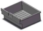 A dark gray plastic storage bin with a ridged bottom.