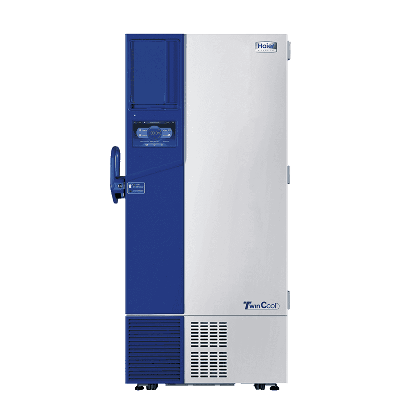A tall, white and blue Haier TwinCool medical freezer with a control panel and a large handle on the left side.