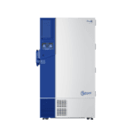 A tall, white and blue Haier Salvum medical freezer with a control panel and a large handle on the left side.