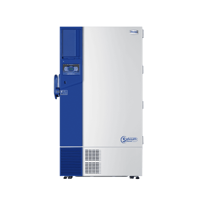 A tall, white and blue Haier Salvum medical freezer with a control panel and a large handle on the left side.
