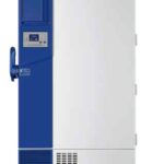 A tall, white and blue Haier freezer with a blue control panel and a large blue handle on the left side.