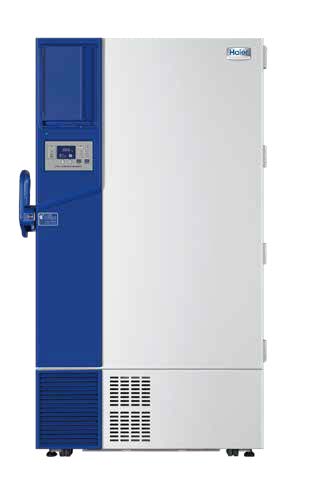 A tall, white and blue Haier freezer with a blue control panel and a large blue handle on the left side.