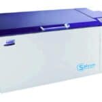 A long, rectangular, white Haier medical chest freezer with a dark blue lid and a control panel on the right side.