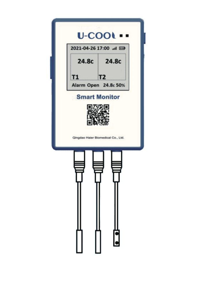 A digital device labeled "U-COOL Smart Monitor" showing temperatures of 24.8 degrees Celsius, with three probes extending from the bottom.