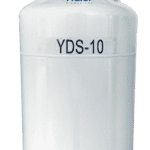 A tall, cylindrical, white Haier tank with a blue lid and a gray label that reads "YDS-10."