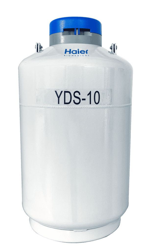 A tall, cylindrical, white Haier tank with a blue lid and a gray label that reads "YDS-10."